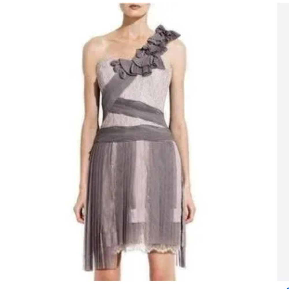 BCBGMaxAzria One-Shoulder Lace Mini Dress in Taupe